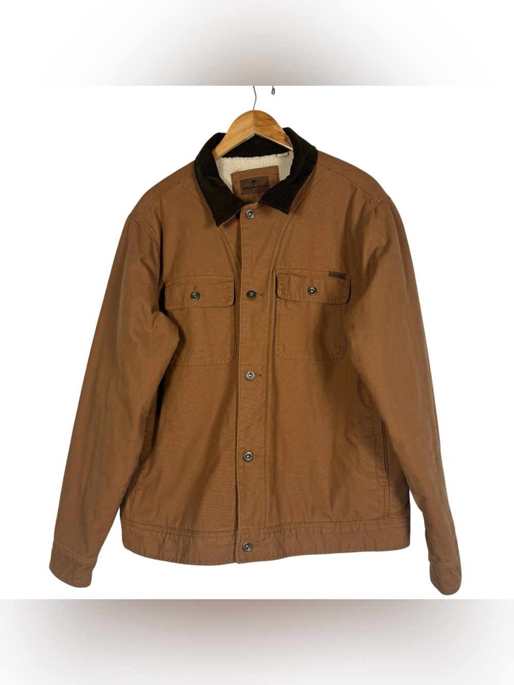 Woolrich Canvas Barn Coat Chore Jacket Corduroy Collar Sherpa Lined Tan Men’s L